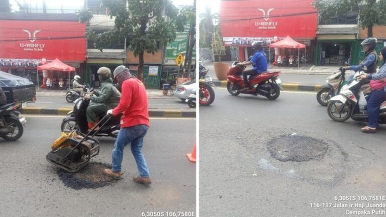 Jalan Berlubang di Tangsel Sebabkan Pengendara Jatuh dan Patah Tulang, Langsung Ditambal