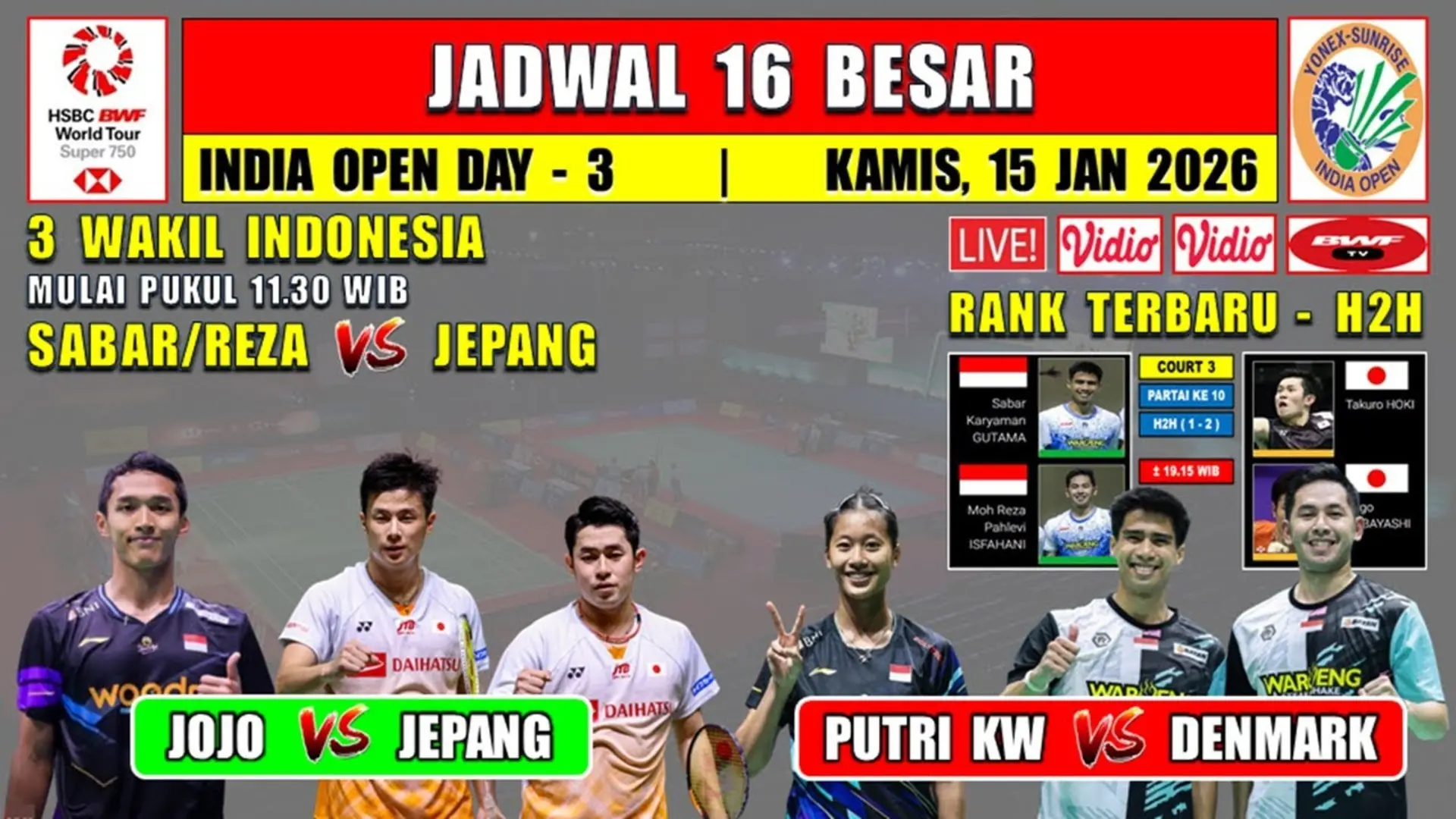 India Open 2026 Jadwal 3 Wakil Indonesia Di Babak 16 Besar Jojo Hadapi Yushi Tanaka