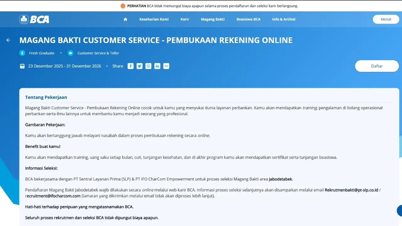 Magang Bakti Customer Service Pembukaan Rekening Online