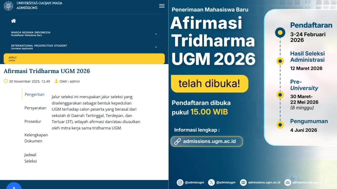Seleksi Jalur Afirmasi Tridharma Ugm 2026 Resmi Dibuka Khusus Siswa 3t Dan Usulan Mitra